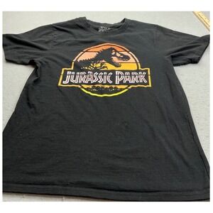 Jurassic Park Graphic T-Shirt Sunset Logo Black Cotton Men Size L Movie Tee